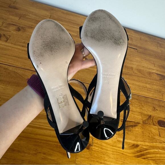 MIU MIU Black Suede Leather Crystal Rhinestone Ankle Strap Kitten Heels 40 - Picture 5 of 6
